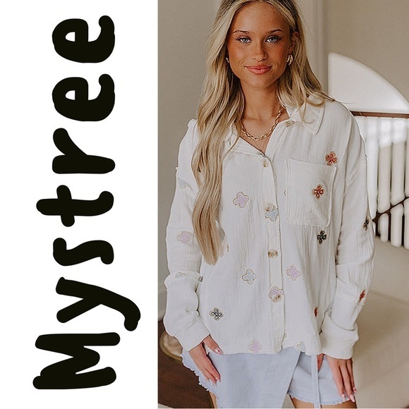 Mystree Tops - MYSTREE TUCSON CREAM WHITE SUNSETS FLORAL EMBROIDERED LIGHTWEIGHT HOODED TOP S